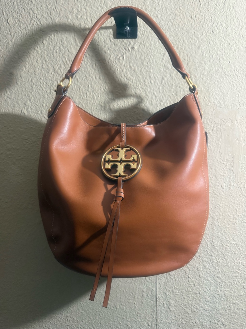 Tory Burch Cognac Leather Hobo with Gold Logo Medallion